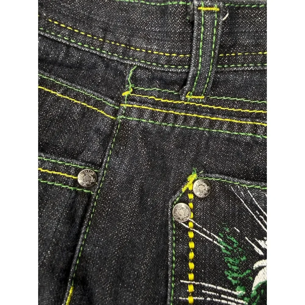 Jinzu Denim Size 18 Black Long Denim Shorts Embroidered Baggy Y2K Jorts